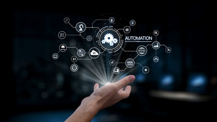 A hand extends towards a collection of digital icons representing various aspects of automation technology, symbolizing innovation and efficiency in business development. Synapse