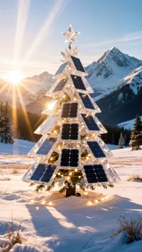 Snowy Alpine Scene with Futuristic Solar Holiday Tree