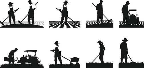 Farmer silhouette illustration set, agricultural activity icons, field work poses, rural labor vector, farming graphic design bundle