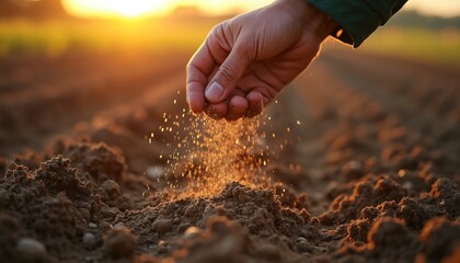 Farmer hand sowing seeds in fertile soil during sunset. Farming concept illustrates new technologies in agriculture. Eco-friendly farming, organic growth and sustainable harvest in field.