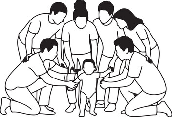Family surrounds a baby with love and support in a heartwarming illustration