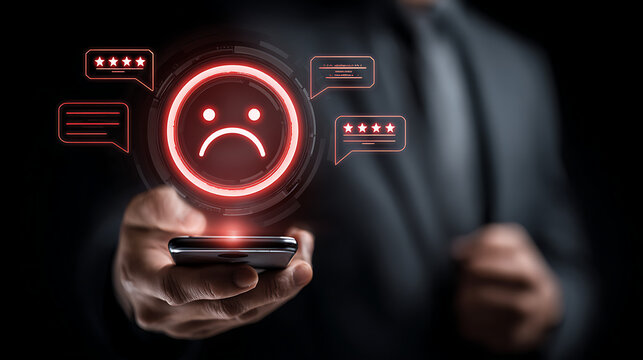 Person holding smartphone displaying negative feedback and sad face icon image