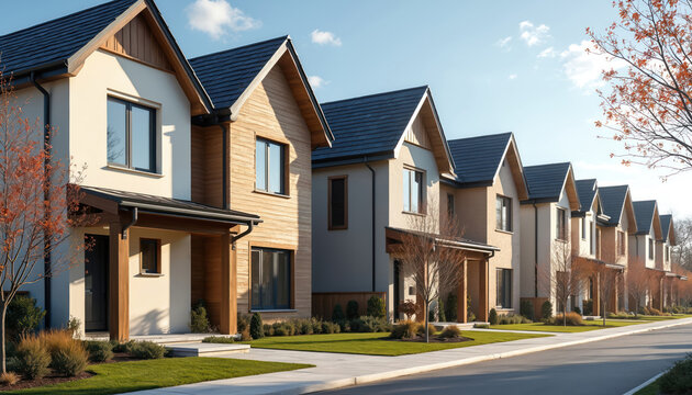 Modern suburban homes line a paved street with neat green lawns and bare trees under a clear blue sky. The houses have light colored exteriors with wood accents and dark roofs.