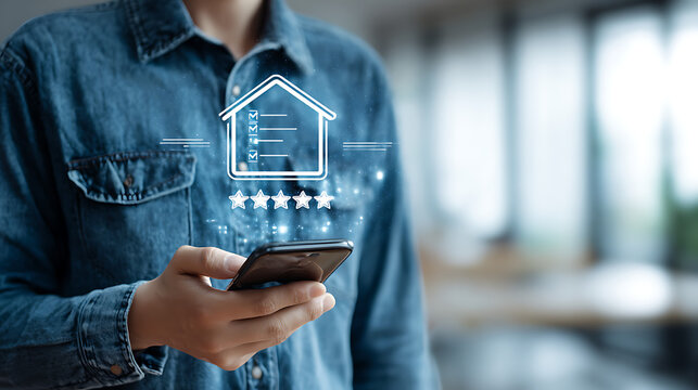 Person holding smartphone displaying house rating with stars image