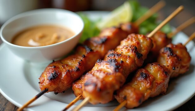 Malaysian chicken satay on skewers with peanut sauce. Grilled meat served on white plate with lettuce. Delicious barbecue dish with spicy sauce.