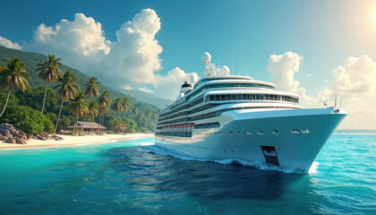 Massive white luxury cruise liner navigates calm turquoise ocean water smoothly. Tropical island beach coastline swaying palm trees, rich green mountains, small wooden hut. Bright sun from clear blue