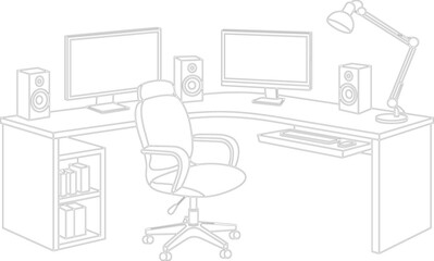 Modern office workstation line art illustration with dual monitors, desk chair, speakers, desk lamp and bookshelf in minimal outline style