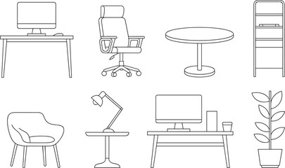 Office furniture line art illustration set with desk, chair, computer, table, lamp, shelf, indoor plant elements, flat vector illustration