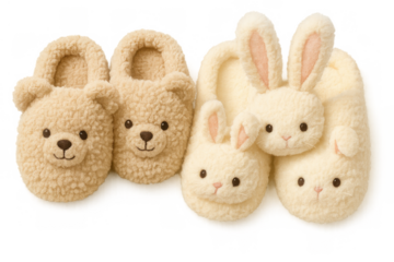 Pairs of soft, plush slippers shaped like teddy bears and bunnies, providing comfort and warmth. Transparent background