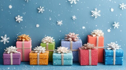 Festive arrangement of colorful wrapped gifts with white snowflakes on a blue background, ideal for holiday celebrations