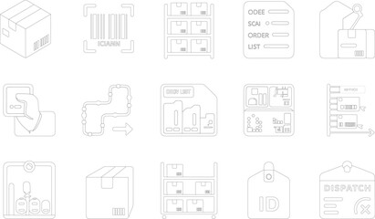 Warehouse logistics icons set, inventory management symbols, barcode scanning elements, order processing signs, supply chain operations graphics, flat vector illustration