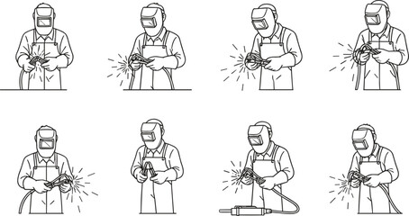 Black and white line art vector collection of industrial welders wearing helmets, working with welding torches, illustrating manufacturing and construction industry labor.