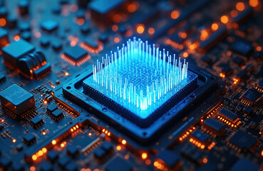 Close-up view of advanced microchip with glowing blue pins and illuminated circuit board. Futuristic technology for computation data processing encryption and artificial intelligence.