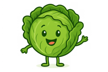 Cheerful cabbage mascot cartoon waving hello, representing healthy eating, organic food, and happy vegan lifestyle with a transparent background