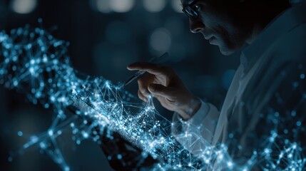 Innovation Illuminated: A scientist immersed in the world of technology and discovery. A man explores the data, illuminated by an ethereal glow, forging new paths and innovations.