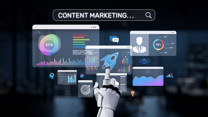 A robotic hand interacts with floating digital screens displaying marketing analytics data in a modern corporate environment, illustrating technology impact on business. Synapse