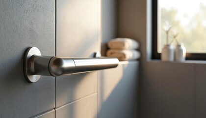 Fototapeta premium Modern stainless steel grab bar mounted on grey tiled wall. Clean bathroom interior detail with folded white towels. Natural light streams through window.
