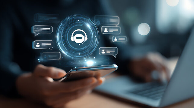 Person holding smartphone interacting with digital chatbot interface artificial intelligence virtual assistant