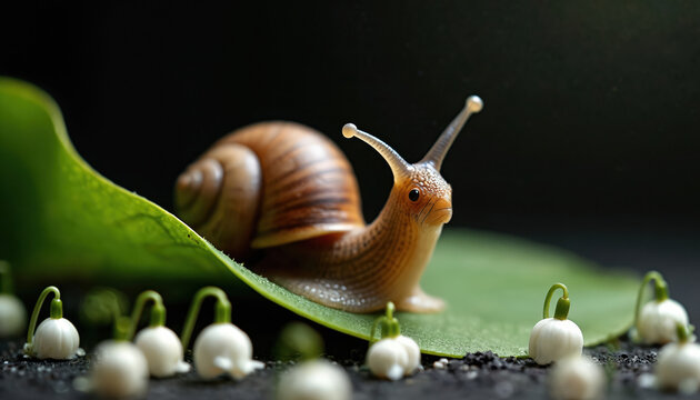Cute snail crawls on green leaf with small white flowers around. It has antennae and a shell. Background is dark, creating a moody atmosphere. This fantasy scene is whimsical.