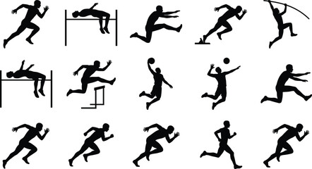 Silhouette Collection of Track and Field Athletics, Runners, and Sportsmen in Action Poses, Including Running, Jumping, High Jump, Hurdling, Pole Vault, Basketball, and Volleyball Players.