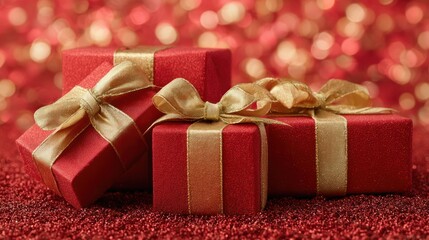 Obraz premium Festive arrangement of red gifts with gold ribbons, ideal for holiday celebrations representing love, joy, and giving