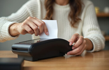Woman pays with receipt at checkout terminal in store. Person inserts paper slip into electronic device for retail transaction. Cashier machine at counter for shop purchase.