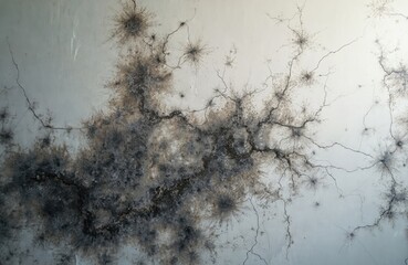 Black mold spots grow on cracked ceiling and wall. High humidity and poor ventilation cause fungal infestation and damage. Health hazard requires cleaning and renovation.