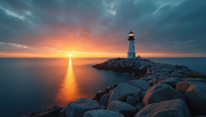 Lighthouse stands on rocky coast at sunset. The sun sets creating a warm glow over water. Nautical structure illuminated by golden hour sky. Peaceful ocean scenery at dusk.