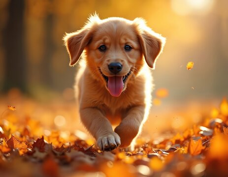 Happy golden retriever puppy runs through fall leaves in a park. Adorable dog smiles with tongue out, enjoying autumn nature. A joyful pet plays outdoors on a bright sunny day.
