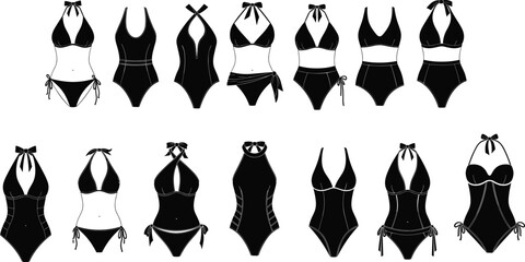 Women's Swimwear and Bikini Collection Set Vector Illustration, Fashion Flats Template with Halter Neck, One-Piece, and Two-Piece Styles for Beach Design,
