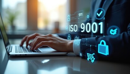 Businessman types on modern laptop. ISO 9001 certification hologram displays quality management system, compliance, process assurance. Digital tech concept for business standards, security, global