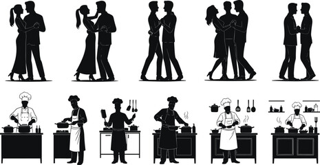 Couples and chefs silhouette set, romantic poses, cooking activity icons, love and culinary vector illustration, lifestyle graphic design bundle