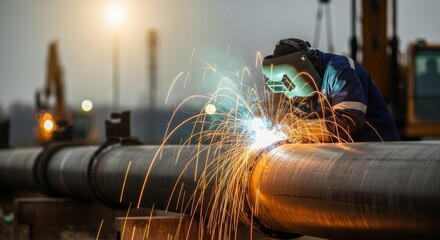 Welding pipeline by professional worker produces bright sparks, with welding equipment and personal protective equipment visible. Welding pipeline maintenance requires expertise
