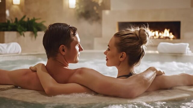 Romantic couple enjoying a relaxing moment in a luxurious hot tub at a serene spa retreat