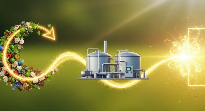 Gas maintenance installation with tanks, pipes, and bio material arranged in a cycle. Gas maintenance is represented by interconnected silver storage cylinders, symbolizing energy flow.