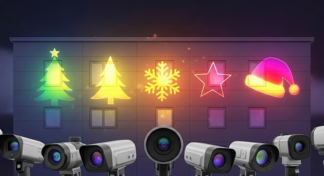 Christmas projections light up building with festive Christmas projections, colorful and bright. Christmas projections shine from projector array, featuring tree, snowflake, star, and Santa hat.