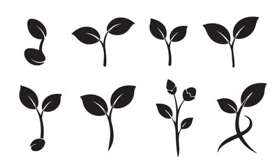 Seedling and plant growth stage silhouette set. Sprout, seed, young leaf, organic farming, and nature development logo vector.