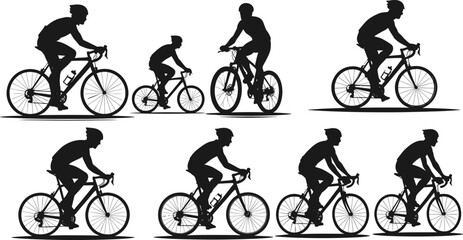 Cyclist silhouette illustration set, biking activity icons, adult and child rider poses, transport vector, cycling graphic design bundle