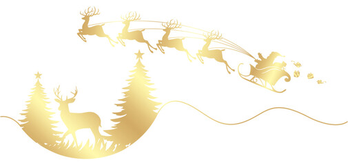 vector illustration of a Santa Claus sleigh with christmas tree and deers