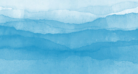Fototapeta premium Abstract watercolor background in various shades of blue creating a layered, flowing, and serene horizontal texture reminiscent of gentle waves or misty mountain ranges, perfect for a calming design e
