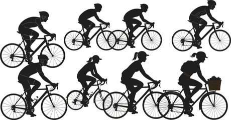 Cyclist silhouette illustration set, biking activity icons, casual and racing poses, commute vector, bicycle rider graphic design bundle
