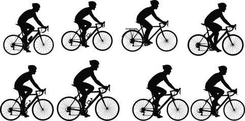 Cyclist silhouette illustration set, bicycle type comparison, riding posture icons, transport vector, casual and commuter graphic design bundle