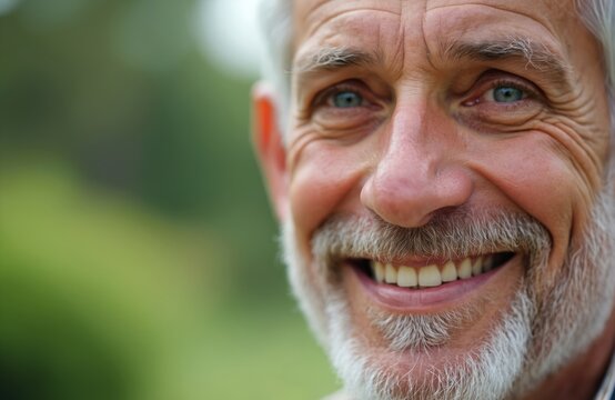 Close up happy senior man face with blue eyes. He has grey beard and smile, showing wrinkles. Outdoor green blurred background, copy space. Represents wisdom and good mood.
