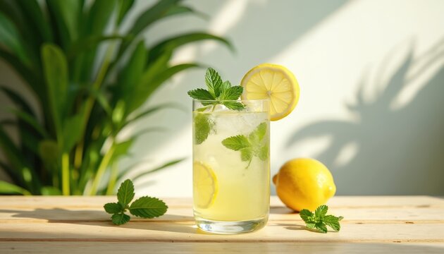 Refreshing lemon mint cocktail in clear glass with ice cubes. Whole lemon, lemon slice, fresh mint leaves sit on light wood table. Bright sunlight casts vibrant plant shadows on wall. Cool drink