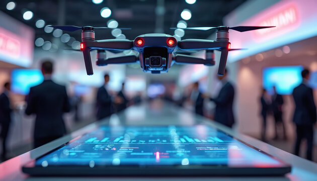 Drone hovers above digital tablet displaying data at tech trade show. Blurred people walk past booths in background. Future tech innovation showcased at modern exhibition. Business event. - Powered by Adobe
