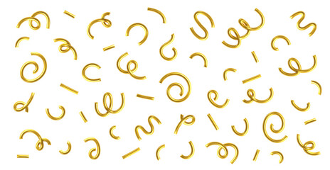3d golden line confetti set. Squiggle, spiral, wavy doodle shape, yellow line element. 3d balloon confetti pattern. Doodle kid party decoration. Vector illustration for New Year, Christmas design