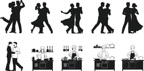 Dancing couples and chefs silhouette set, romantic poses, cooking activity icons, lifestyle vector illustration, love and culinary graphic bundle