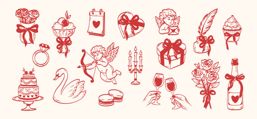 Fototapeta premium Line art elements for Valentine's day, wedding invitation, birthday card.Cute girly bows,hearts, ribbons, champagne, desserts, angel. Vintage elegant vector illustration.