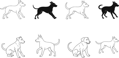 Dog silhouette illustration set, standing and sitting poses, breed posture icons, pet gesture vector, canine graphic design bundle