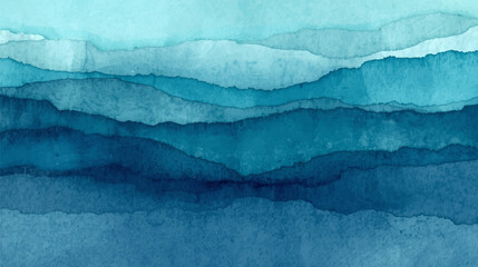 Naklejka premium Abstract watercolor background in various shades of blue, creating layered, flowing horizontal bands reminiscent of ocean waves or distant mountain ranges with a serene, calming texture